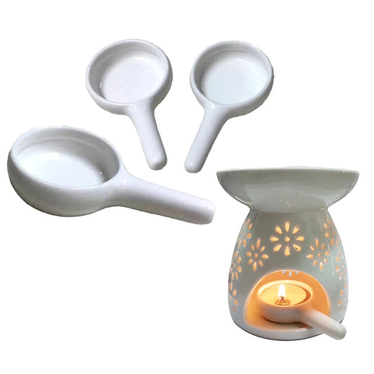 No-EN-Name-Null Decorative Small White Ceramic Floral Flower Design Heat-Resistant Essential Oil Burner-Wax Melting-Tea Light Candle-Diffuser Candle Holders/With 3 Ceramic Spoons