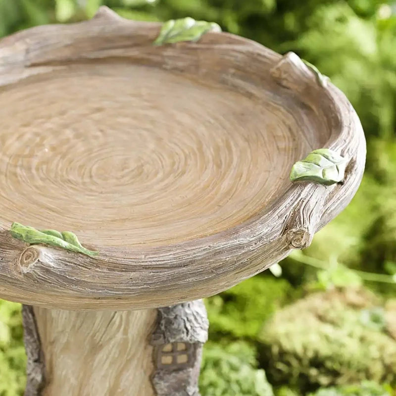 No-EN-Name-Null Outdoor Garden Inspired Fairy House Brown Round Shaped Resin Landscape-Door In Realistic Old Wood Grain-Bark On Tree Trunk-Stairs-With A Small Window Design Free-Standing Full-Size Birdbaths