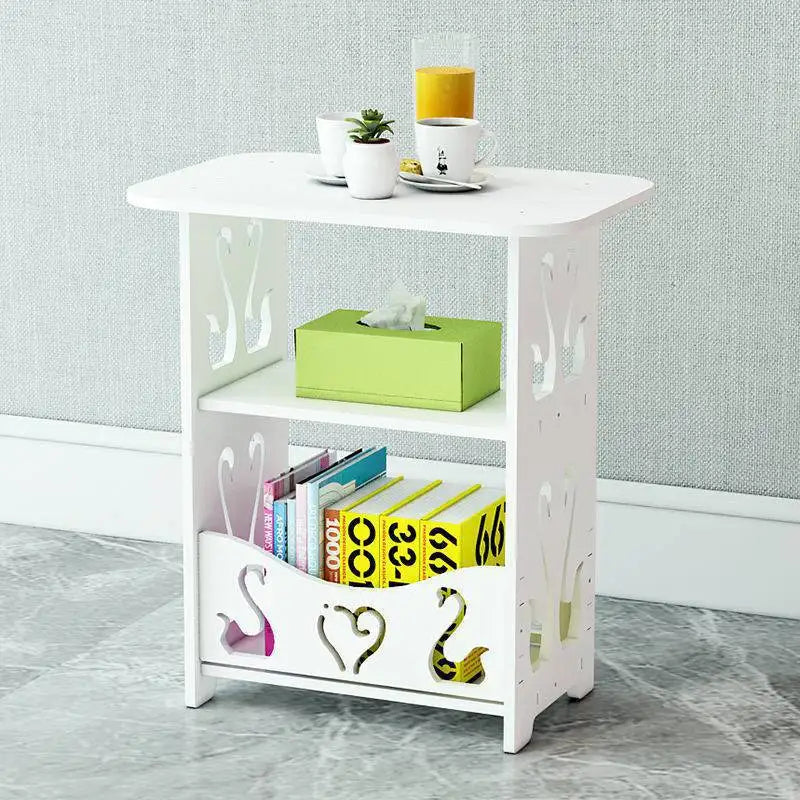 No-EN-Name-Null Modern Small White Rectangle Top Handmade Wood Carved LOVE-Tiny Hearts Design Two Shelves Nightstands