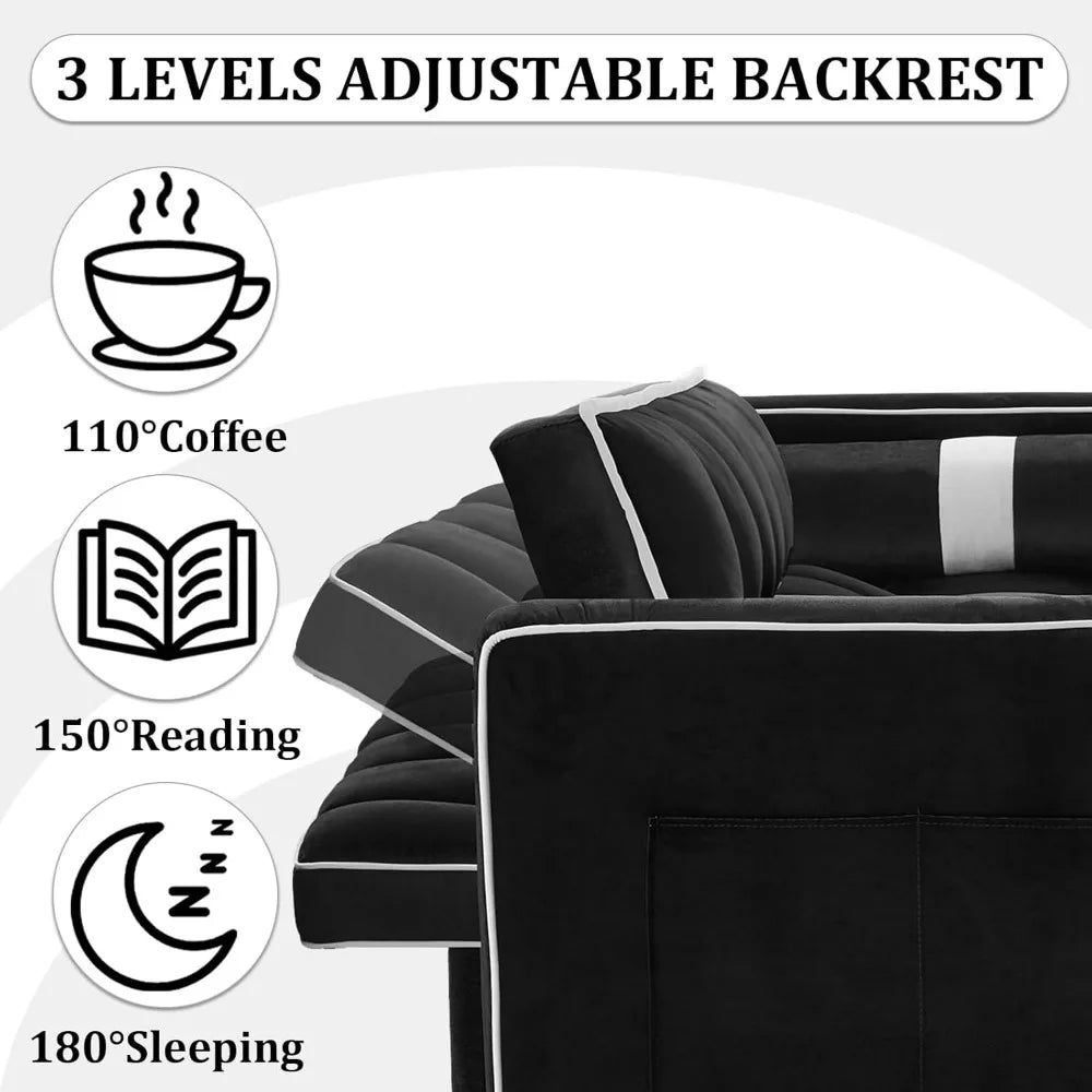 No-EN-Name-Null 3-In-1 Medium Soft Adjustable Backrest Pull Out Black Tuft-White Trim Soft Velvet Fabric Metal Frame Convertible Seat-Recliner-Sleeper Bed Sofas/2 USB Ports /2 Pillars /2 Pockets/Colors-Black Tuft/Gray Tuft/Light Gray Tuft/