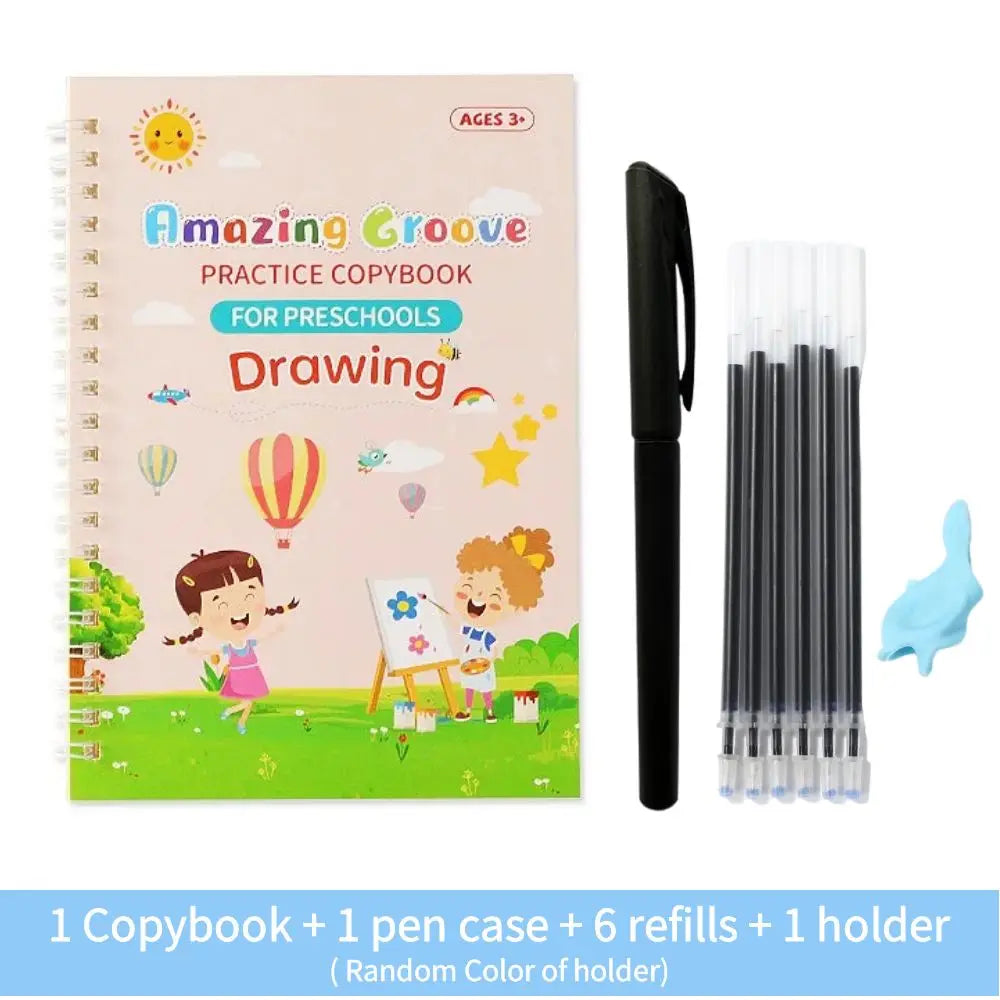 No-EN-Name-Null 4 PCS Parent-Kids Interacting Reading Amazing Groove Practice Copybook English Plastic-Cardboard Paper Copybooks Reusable Reading Toys /1 Pen Case/6 Refills/1 Holder/1 Free Pen Grip/Free Pens/Ages: 1-18 Years Old