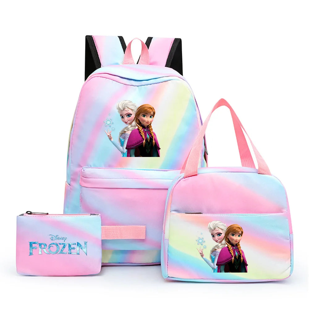 Disney Kids Cute Cartoon Frozen Movie-Elsa-Anna Multicolor Large Waterproof Nylon Fabric Zipper Pockets Shoulder Straps-Handle Single Compartment School Backpacks Sets/ Lunch Bag/Pencil Bag/Colors-Pink/Blue/Multicolor