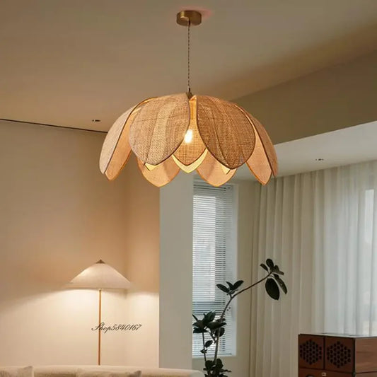 Beige Handmade Gloss Hanging Chinese Natural Rattan Lotus Petal Cord Pendant Ceiling Lights Fixtures/Bulb Not Included-E27 Bulb Cap Type