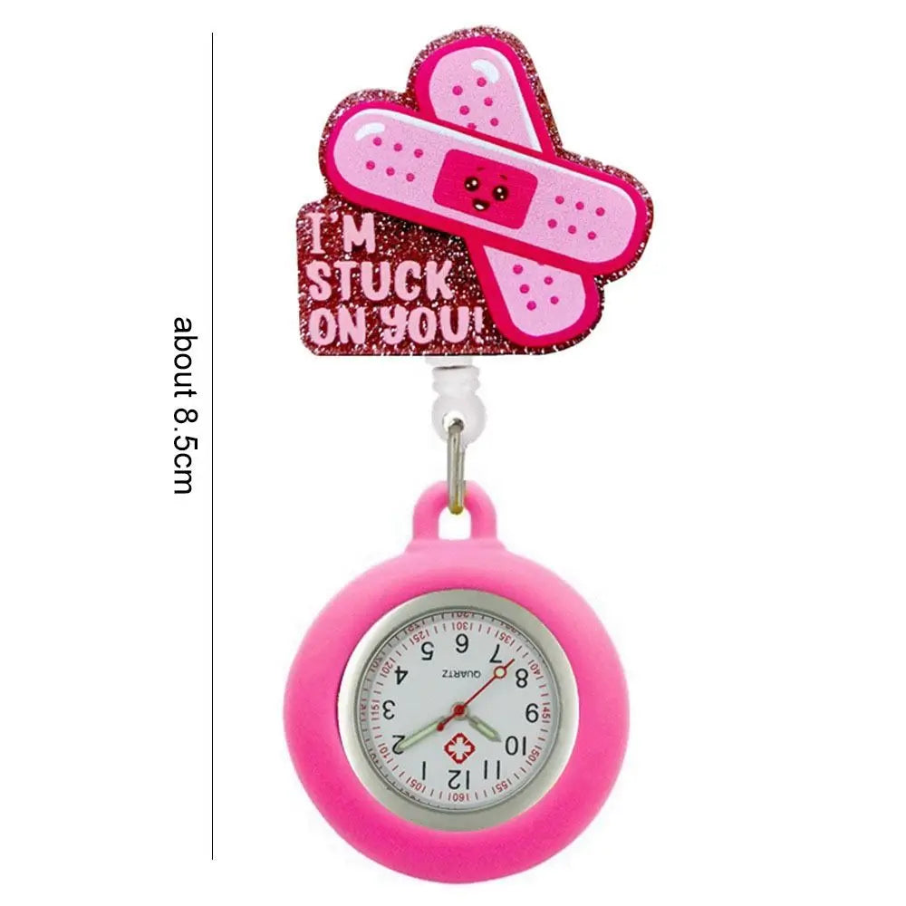 No-EN-Name-Null Adults Digital Movement Pink Plastic Round Cover Retractable Cartoon Anime-I'm Stuck On You!-2 Pink Band-Aid White Watch Face Arabic Numeral Nurse-Doctor Metal Fob Watch Brooches-Lapel Pins/ Colors-Pink/Black/Blue/Red/White/Multicolor/Dots