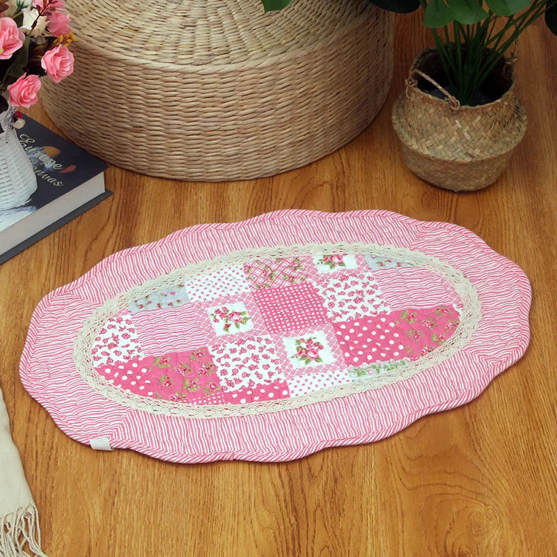 No-EN-Name-Null Indoor Non-Toxic Waterproof Fade Resistant Cotton Fabric Quilted Patchwork Floral Design Hand-Knotted Flatweave Anti-Slip Base Oval Floor Mats-Rugs/Hand-Machine Wash/Colors-Floral/Dots/Striped/Checkered/Multicolor