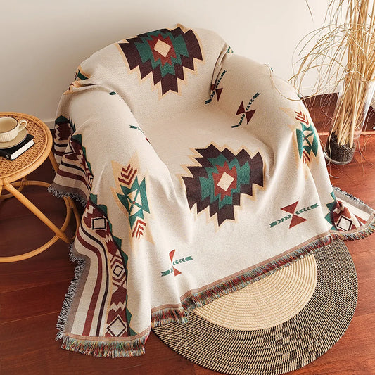 Jacquard Boho Rectangle Polyester-Cotton Oversized Aztec Native American Geometric Double-Sided Blanket Fringed Tapestries