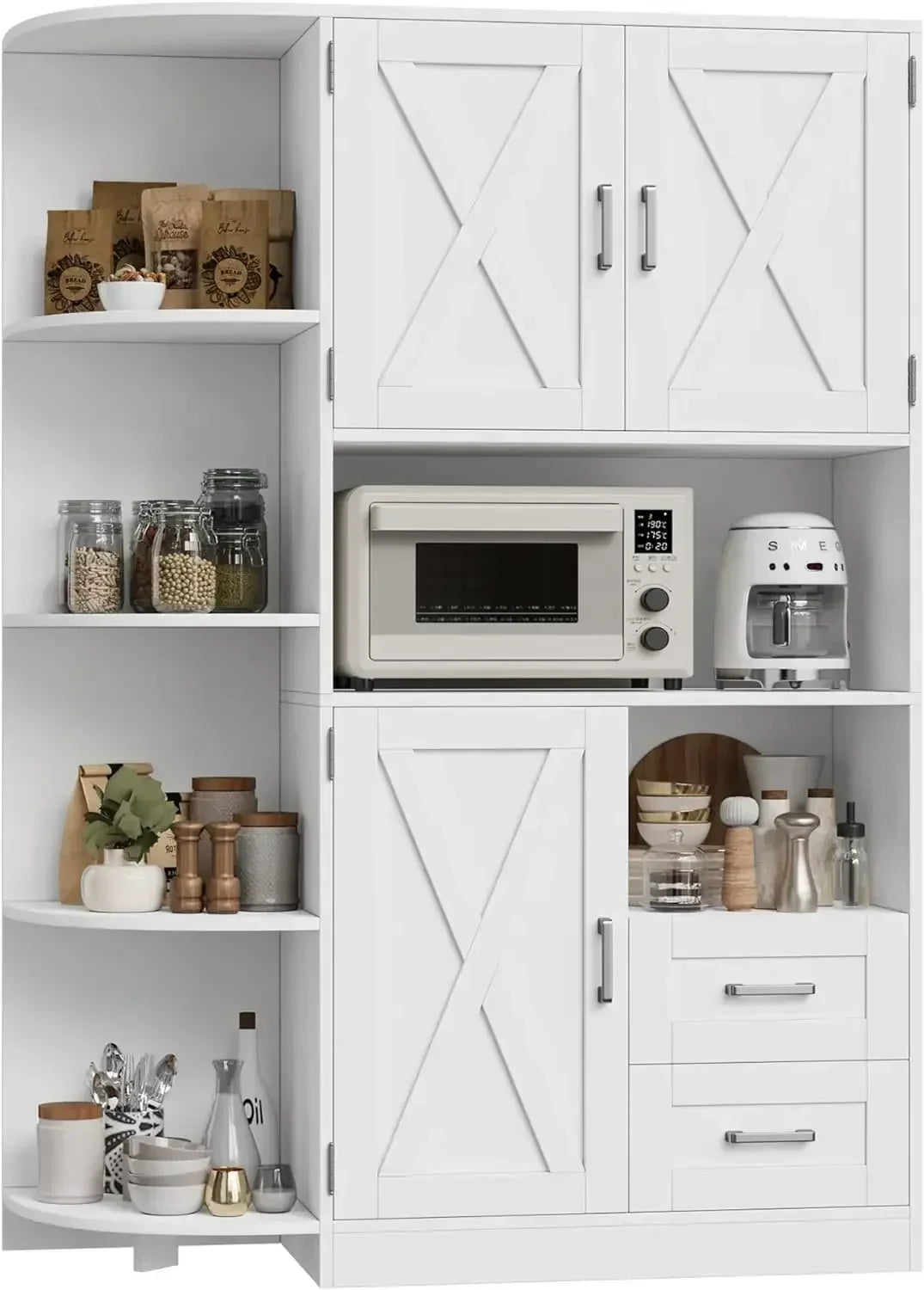 Solid Wood Farmhouse Kitchen Storage Cabinet/4 Tier Adjustable Shelves w/ 3 Doors /Dining Sideboard /2 Easy-Glide Drawers/Colors/White/Gray/Brown/ Holds Up To 350 lbs.