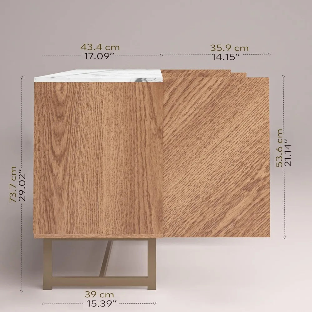 DUTRIEUX Modern White Faux Marble Top Solid Oak Wood Tip-On Doors Cabinet Rectangle Entertainment Centers-TV Stands/Fits TV's Up to 65 Inches/Dimension: W 57.09" x D 17.09" x H 29/Easy To Install