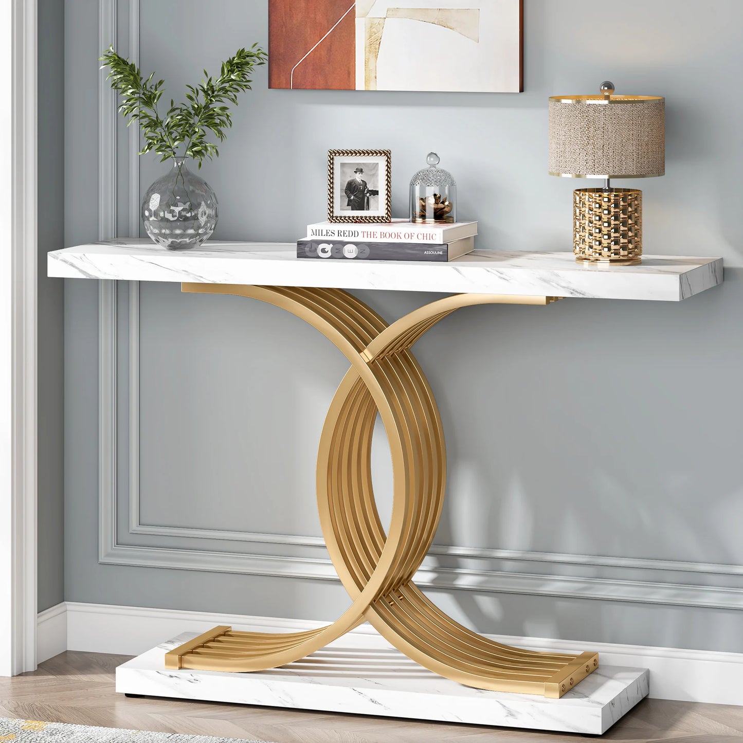 TRIBESIGNS Modern Entryway White Faux Marble Rectangle Shaped Wood Top-Bottom Rectangle Strong Sturdy Wood Base Geometric Gold Metal Frame Narrow Console Tables/Colors-White/Black/Chocolate/Dark Gray