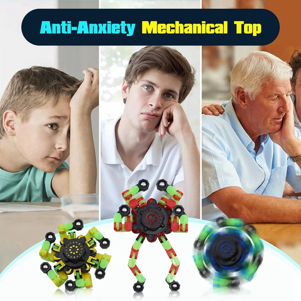 4 PCS Set ABS Plastic Fidget Spinning Top Glow-In-The-Dark Fingertip Funny Multicolor Deformable Robot Toys/ Ages: 13-18 + Years Old Adults/ Colors-Green/Black/Yellow/Multicolor/Striped/Geometric