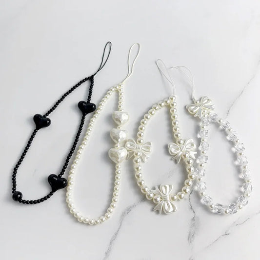 Women Korean Cute Beaded Faux Pearl Charm Strong Nylon Rope Hanging Wrist Strap Phone Accessories/Colors-Black/White/Clear