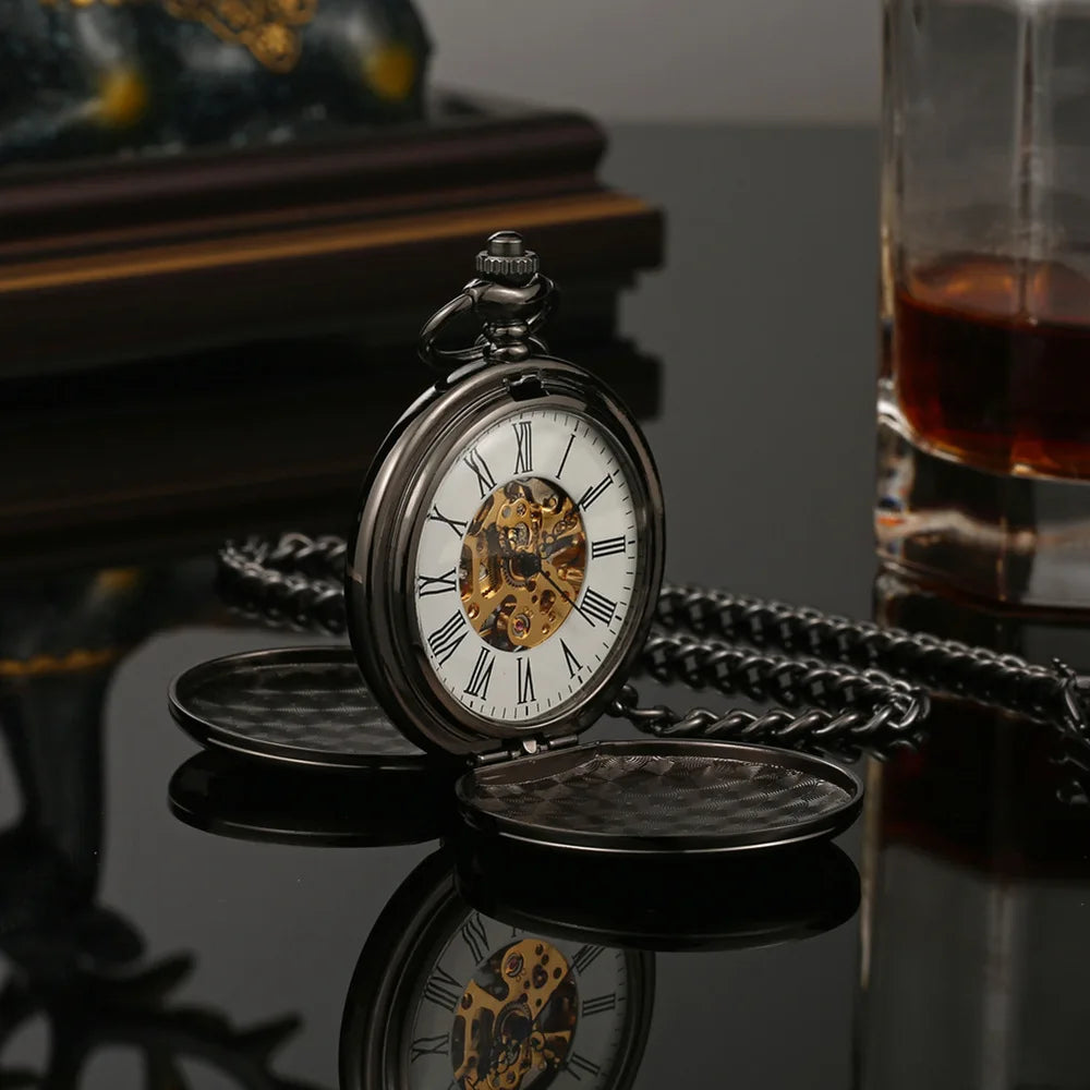 OHSEN Men Quartz Analog Display Acrylic Face Roman Numeral Stainless Steel Metal Round Case Double-Sided Skeleton Dial Transparent Back Cover Steampunk Mechanical Hand Wind Chain-Pocket Watches/Colors-Silver/Bronze/Gold/Black/Rose Gold