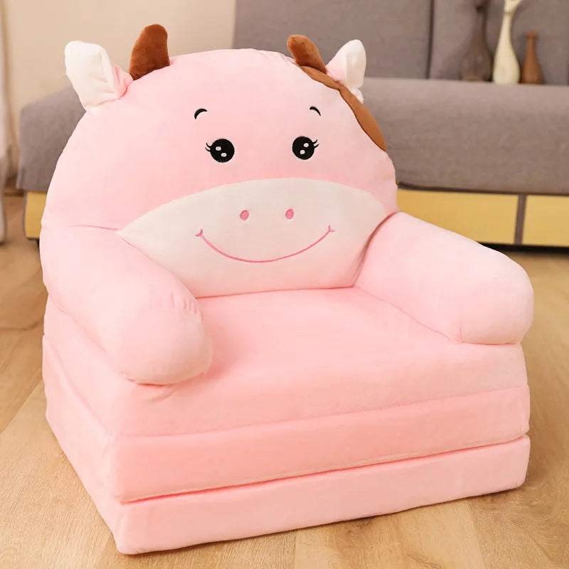 MDNG Modern Kids Customized Upholstered Padding Cute Soft Gray Velvet Fabric Cartoon Animal Faces Folding-Out Play Arm Chairs/Sponge Filling/Colors-Green/Pink/Yellow/Gray/Animals