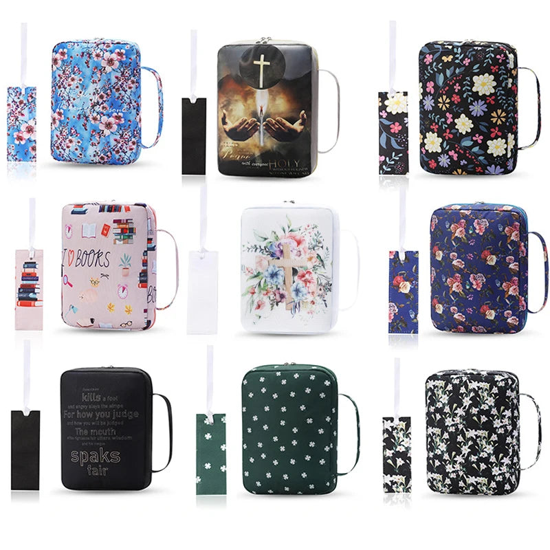 ALL GLORY Soft Handle Blue Floral Design Saying God Is Within Her She Will Not Fall Psalms 46: 5Metal Zippered Internal Pockets Nylon Fabric Polyester Lining Religious Items Bible Cover Cases/Colors-Various Floral Patterns