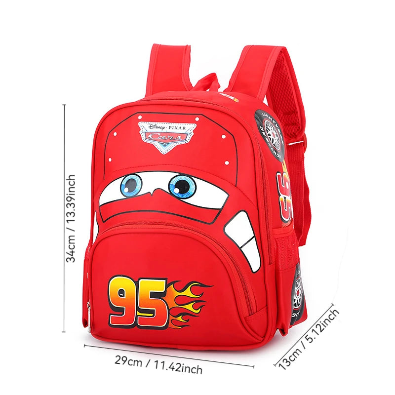 MINISO Kids Kindergarten Cute Cartoon Disney CARS Movies-TV Design Double Zippers Anti-Splashing Waterproof Red-Blue Nylon Fabric Shoulder Straps Exterior Pockets Side Water Bottle Holder School Backpacks