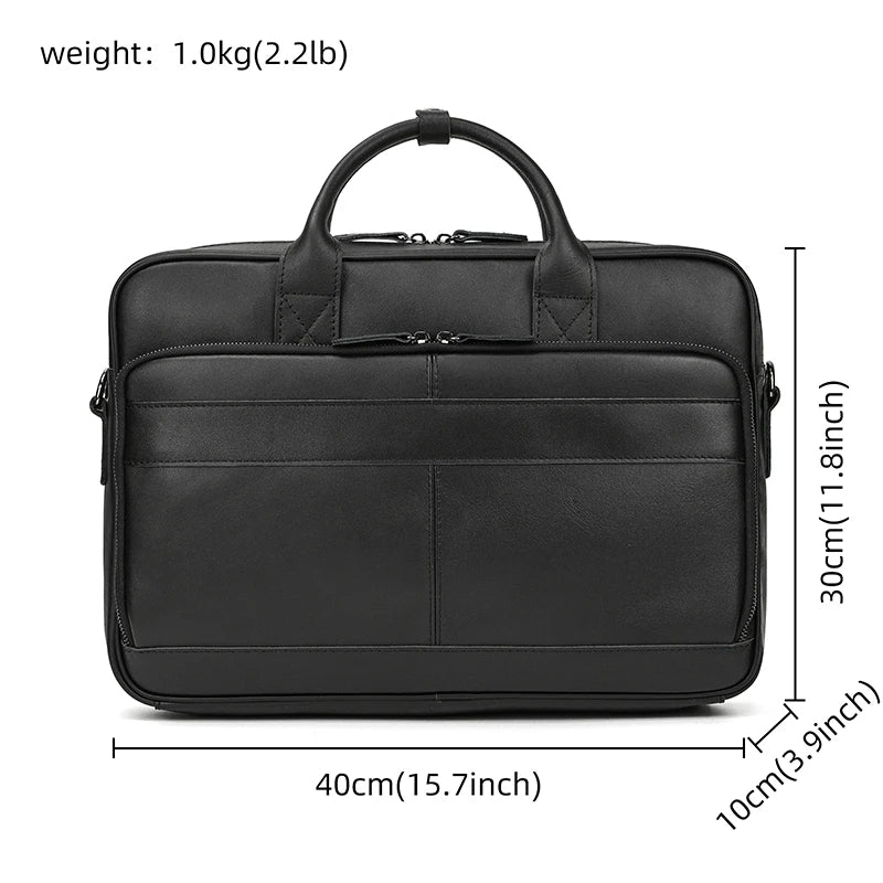 NEWSBIRDS Men Modern Rectangle Shaped Brown-Black Genuine Cowhide Leather Built-In 14-15.6 Inch Single Laptop Compartment Metal Zipper Two Handles-Detachable-Adjustable Shoulder Strap Briefcases