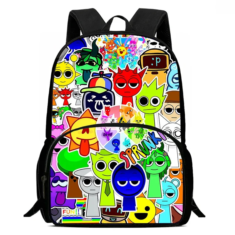 MINISO Kids Waterproof Nylon Fabric 3D Digital Print Cartoon Anime Music Box Sprunky Kids Full Mode Curved Back School Backpacks/Lunch Bag-Pencil Bag/Exterior Pockets/Laptop Compartment/Colors-White/Black/Blue/Multicolor
