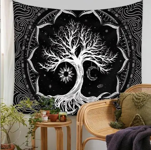 Black Background Polyester Nature Mysterious Garden Of Eden Green Tree of Life Forest-Sun-Beige Moon Spiritual Wall Hanging Tapestries/Colors-Green/Black/Beige