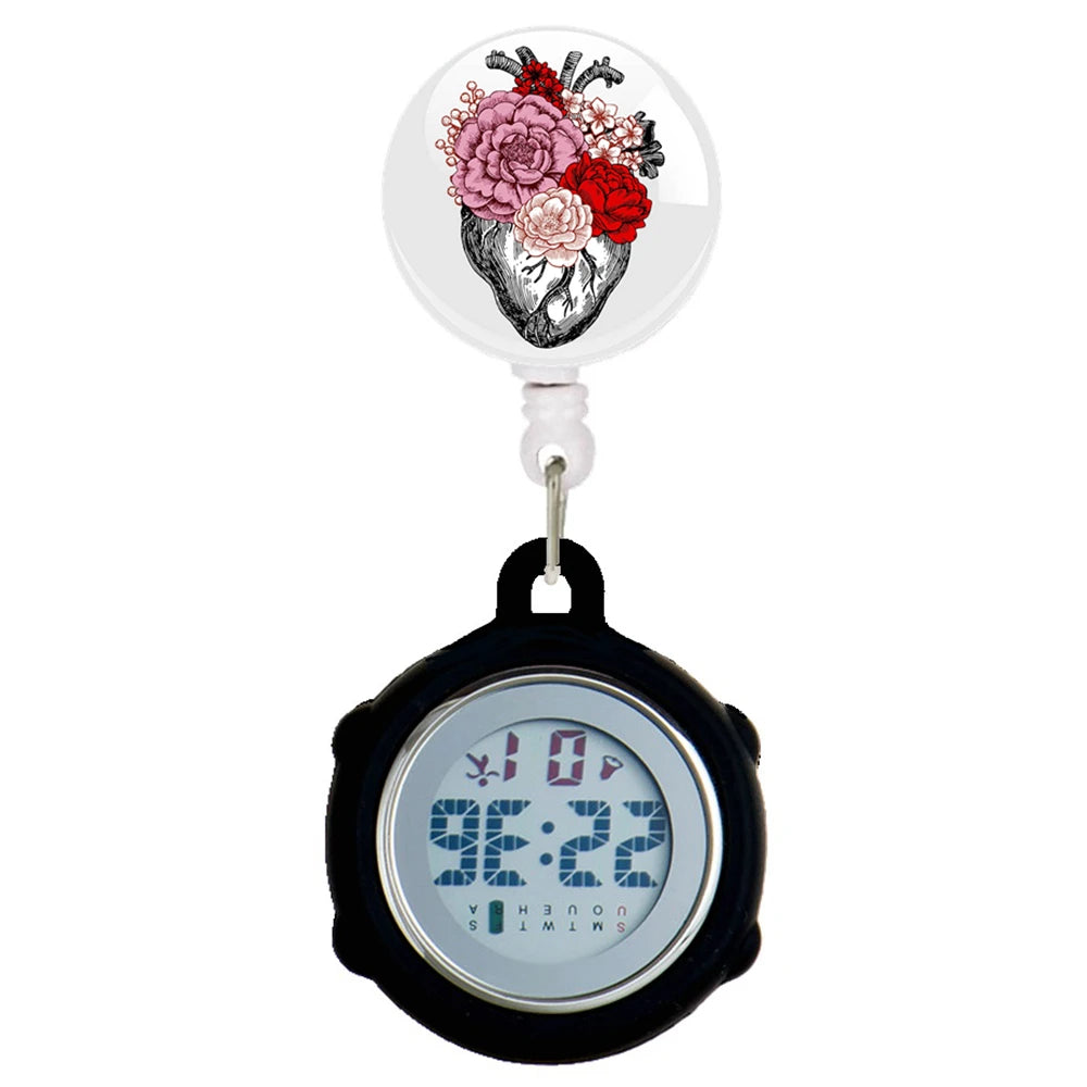 No-EN-Name-Null Waterproof Black Plastic Round Cover Glass Face Digital Display Retractable Printed Floral Anatomical Designs Nurse-Doctor Hanging Metal Alloy Fob Pocket Watches/Colors-Black/White/Pink/Blue
