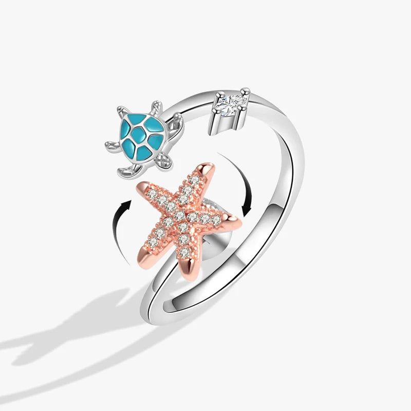 KOFSAC Women-Girls Sterling Silver Metal Austrian White Crystal Cubic Zirconia Tension Mount Twisting Cute Inlaid Pearl Starfish-Blue Stones Turtle Sea Creatures Design Rings