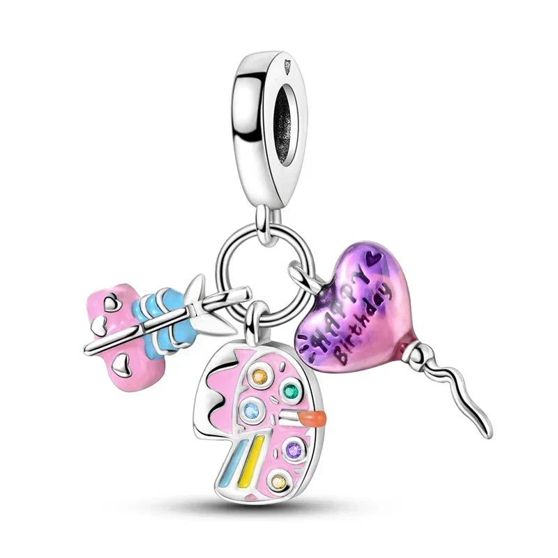 No-EN-Name-Null Women Sterling Silver Enamel Rainbow-Hot Air Balloon Design Fine Imitation Zircon Stone Glass Nuggets Beads Shaped Charms-Pendants/ Colors-Rainbow/Multicolor/Silver/Pink/Animal/Floral