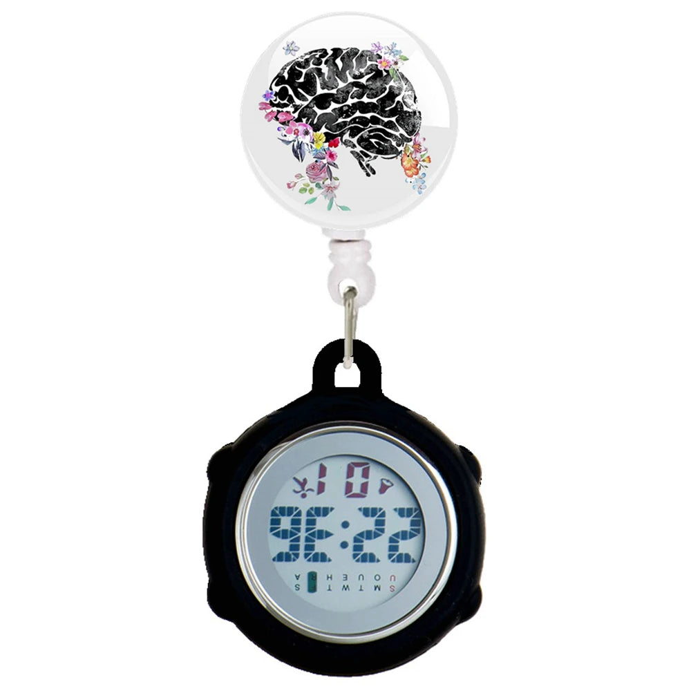 No-EN-Name-Null Waterproof Black Plastic Round Cover Glass Face Digital Display Retractable Printed Floral Anatomical Designs Nurse-Doctor Hanging Metal Alloy Fob Pocket Watches/Colors-Black/White/Pink/Blue