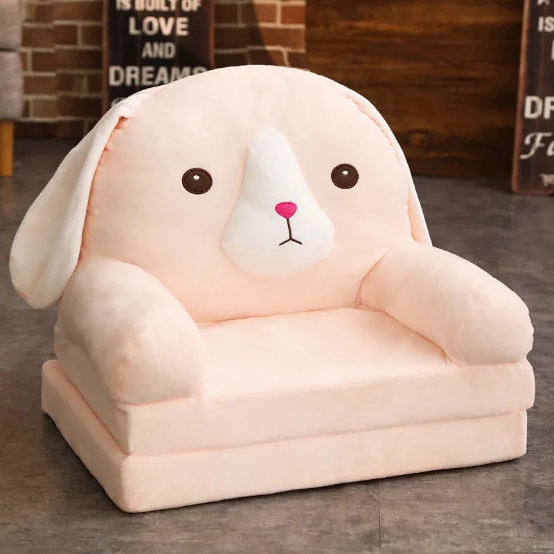 MDNG Modern Kids Customized Upholstered Padding Cute Soft Gray Velvet Fabric Cartoon Animal Faces Folding-Out Play Arm Chairs/Sponge Filling/Colors-Green/Pink/Yellow/Gray/Animals