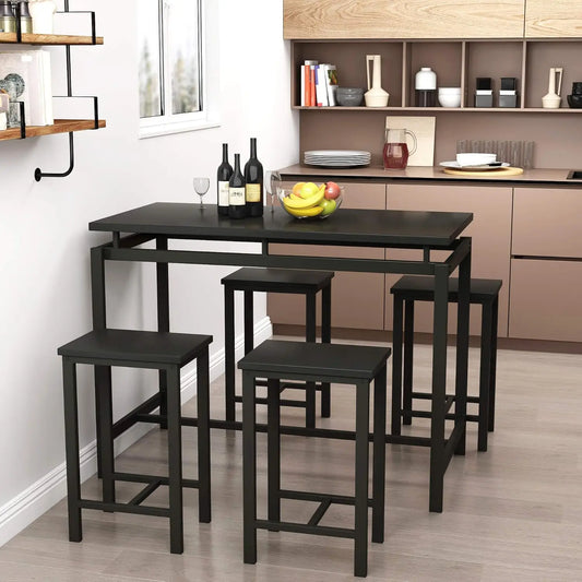 5 PCS Modern Wood Kitchen Table Top w/Iron Frame / 4 Iron Pub Bar Stools/Colors-Brown/Black