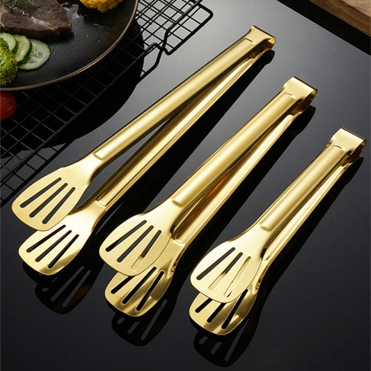 Kitchen Durable Stainless Steel BBQ Cooking Tongs/Colors-Gold/Black/Silver