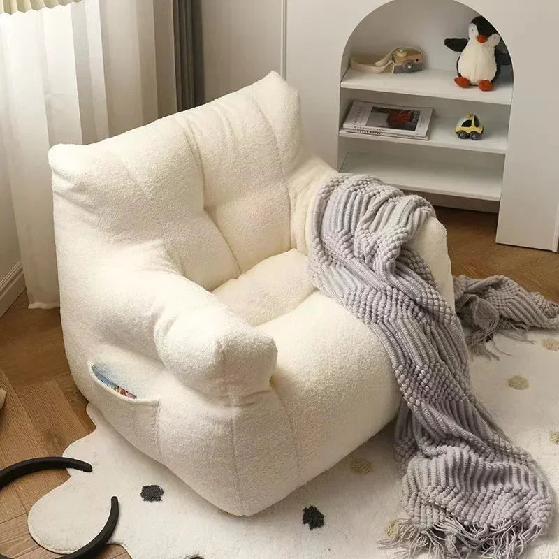 No-EN-Name-Null  Kids Modern Frameless Upholstered Padded Soft Fleece White Polyester Fabric One Side Pocket Bean Bag Chairs/Ages: 3-8 Years Old/Colors-Beige/White/Pink/Gray/Yellow/Multicolor