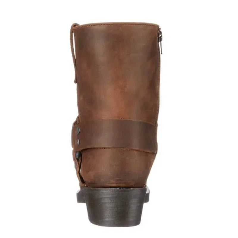QUEZHOU Adult Men Black-Brown Round Toe Handmade Mid Calf Slip-On Leather Rubber Outsole Western Riding Boots/Sizes: 7-7.5-8-8.5-9-9.5-10-10.5-11-11.5-12