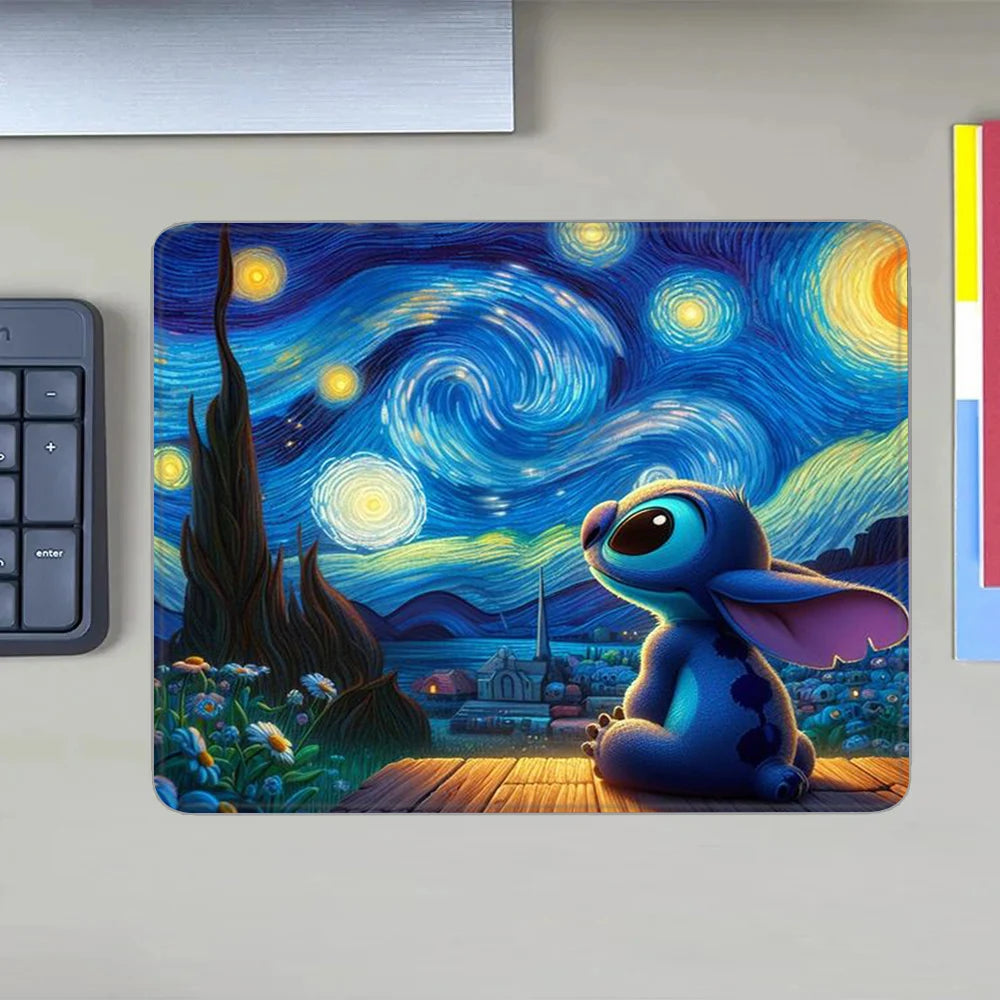 MINISO HD Printed Non-Toxic Small Blue-Multicolor Rectangle Thermal Transfer Anime Cartoon Stitch-Lilo In Space-Planets-Stars Themes Soft Non-Slip Natural Rubber Bottom Sealing Edges Computer Gaming Mouse Pads