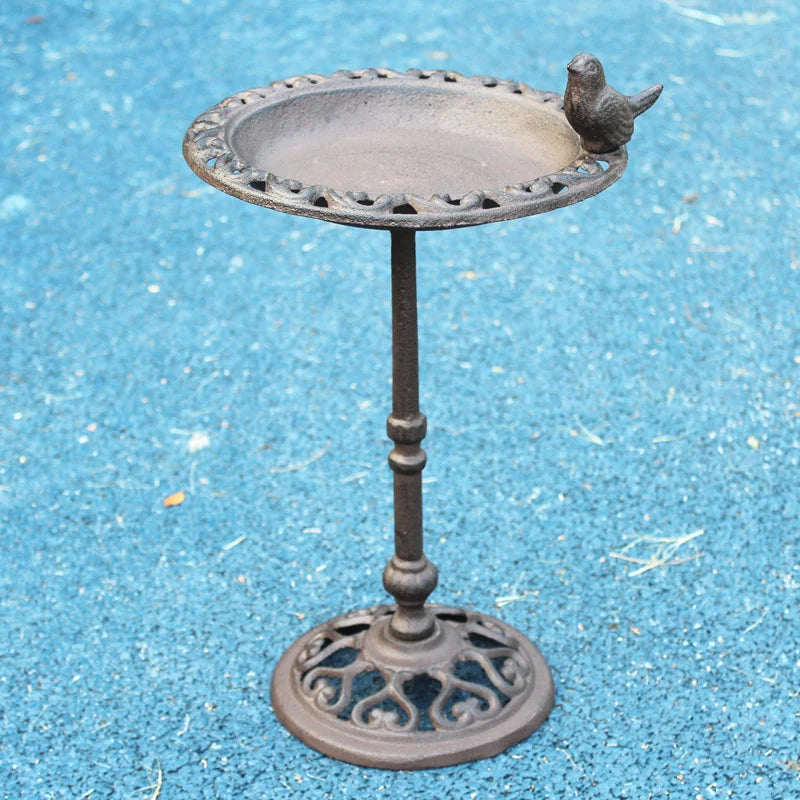 No-EN-Name-Null Outdoor Garden Free-Standing Farm House Style One Bird On-Brown Cast Iron Metal Rustic Brown Cast Iron Standing Big Hollow Round Bottom Base Bird Feeders