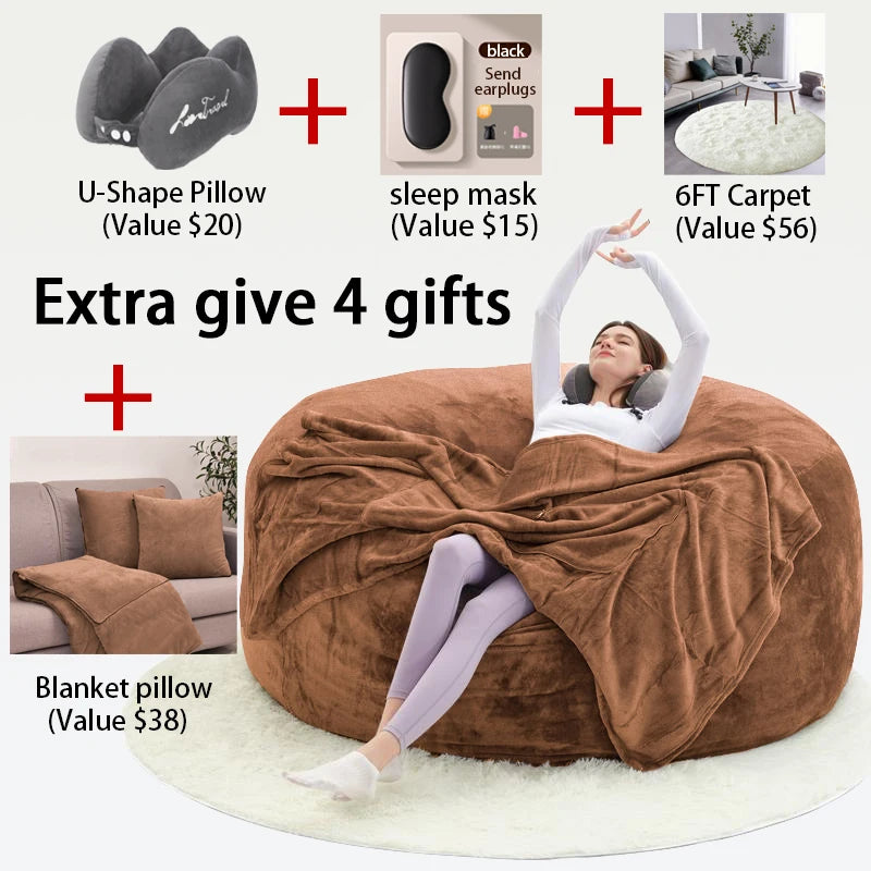 No-EN-Name-Null Modern Italian Design Large Three Seat Soft Plush Brown Round PU Polyester-Flannel Fabric Bean Bag Chairs/Zippered /Removable-Washable Cover/Extra 4 Gifts Included/ Sponge Filler Included /Colors-Gray/Beige/Brown/Blue/Black