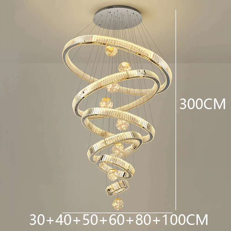 Modern Stainless Steel LED Warm Cool Twisted Ring Cord Pendant Hanging Crystal Chandelier Ceiling Lights/Dimming Remote Control/Touch On-Off/Colors-Gold/Silver