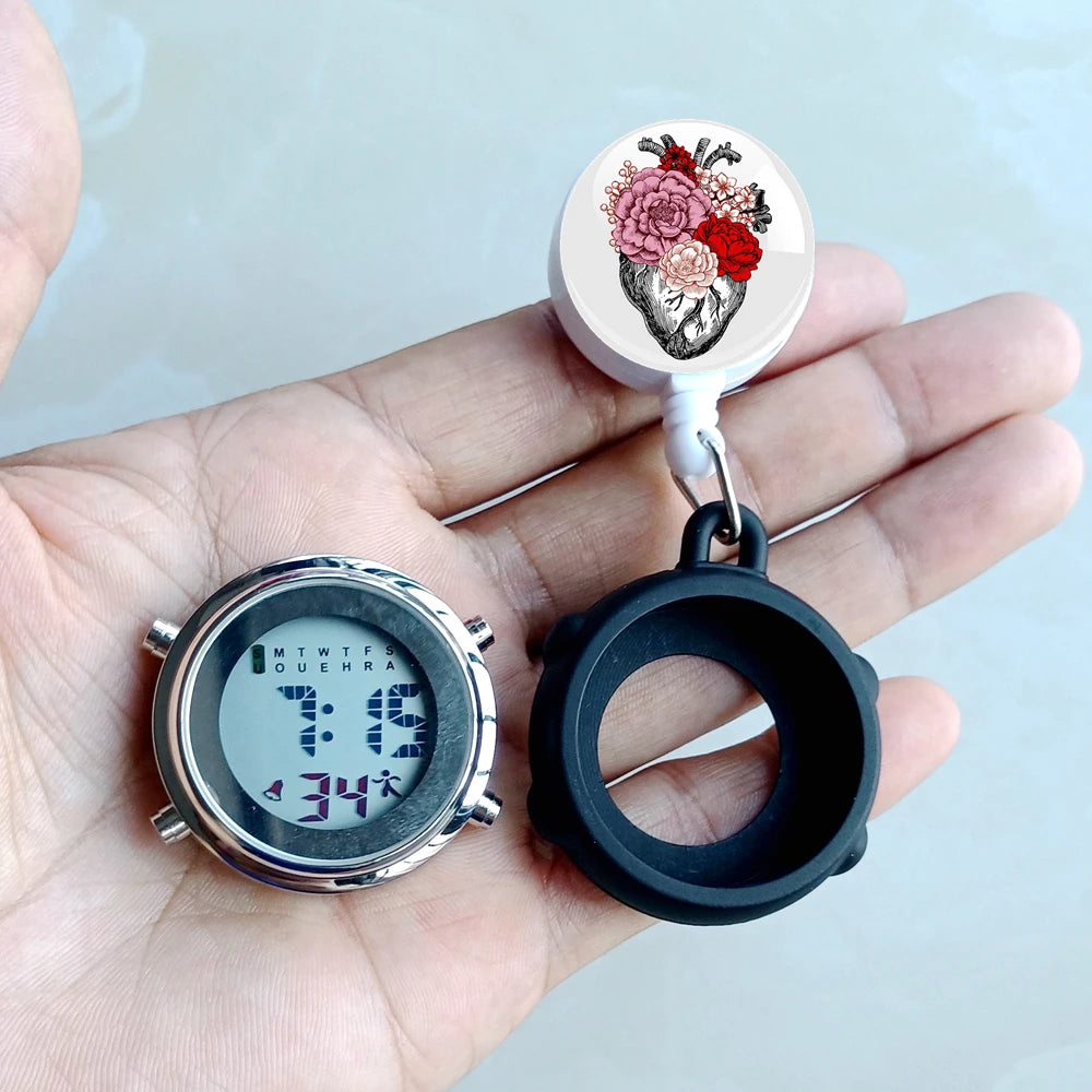 No-EN-Name-Null Waterproof Black Plastic Round Cover Glass Face Digital Display Retractable Printed Floral Anatomical Designs Nurse-Doctor Hanging Metal Alloy Fob Pocket Watches/Colors-Black/White/Pink/Blue