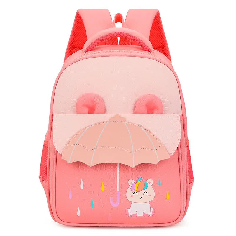 Kids Kindergarten Waterproof Blue Nylon Fabric Exterior Front Flap Pocket 3D Cartoon Animal Umbrella Design Personalized Embroidered Name  Zipper Polyester Lining Straps-Handle School Backpacks/ Phone Pocket/Colors-Pink/Blue/Multicolor