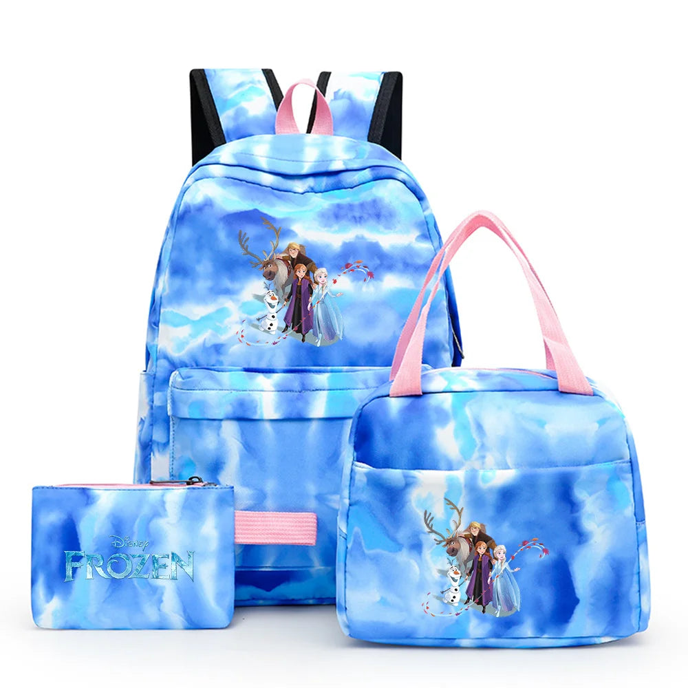 Disney Kids Cute Cartoon Frozen Movie-Elsa-Anna Multicolor Large Waterproof Nylon Fabric Zipper Pockets Shoulder Straps-Handle Single Compartment School Backpacks Sets/ Lunch Bag/Pencil Bag/Colors-Pink/Blue/Multicolor