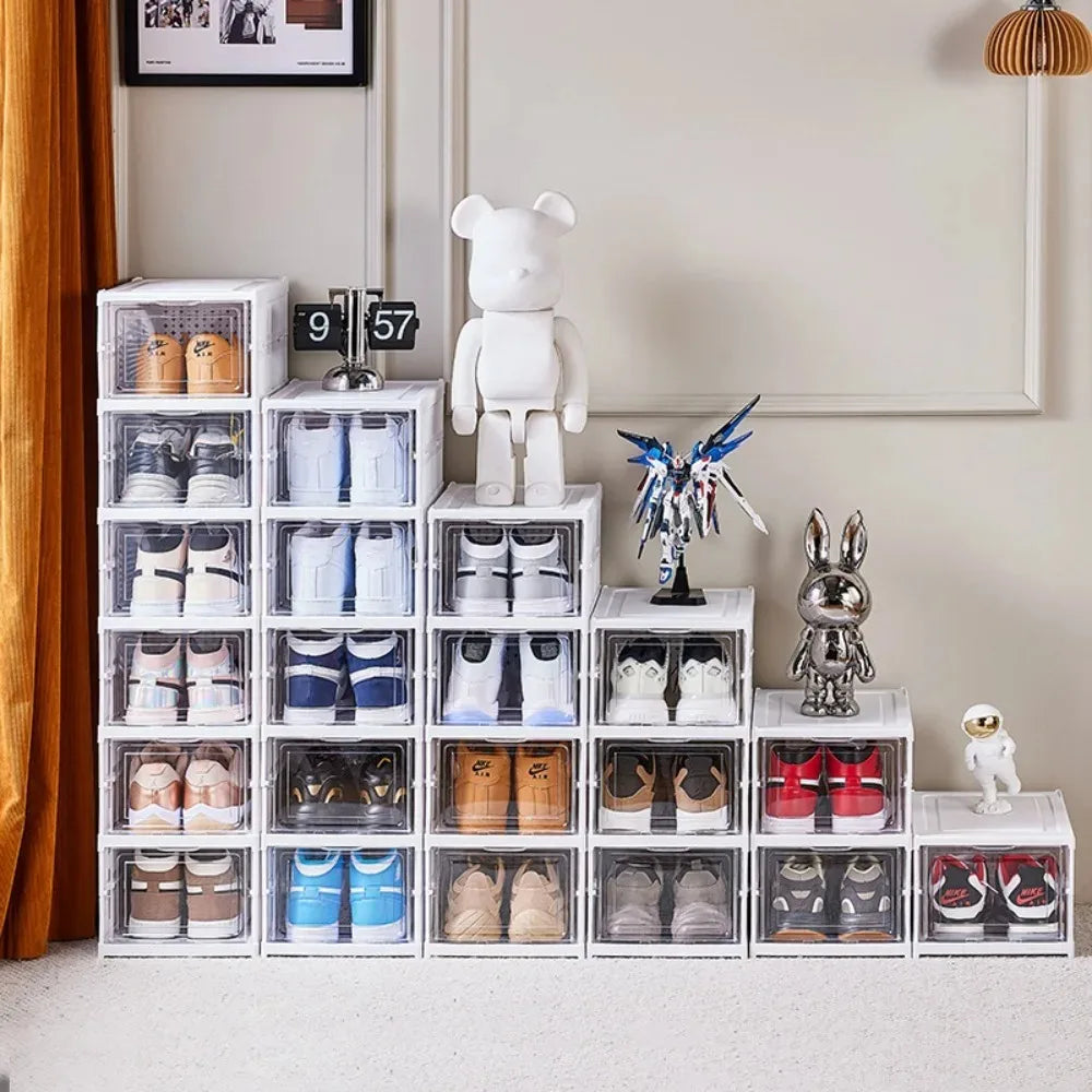 No-EN-Name-Null Modern 1-6 Tiers White Plastic Free-Standing Foldable Stackable Adjustable Transparent Clear Doors Integrated Shoe Racks/Storage Options