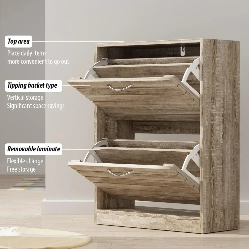 ANGDUO Brown Durable MDF Wood Rectangle Entryway Waterproof Two Flip-Out Drawers-2-Tiers In Each Lockers-Storage Cabinet Shoe Organizers/Assembly Required/ Colors-Brown/White/Gray/Striped/Storage Options/Dimensions : 9.4"D x 22.4"W x 29.5"H/