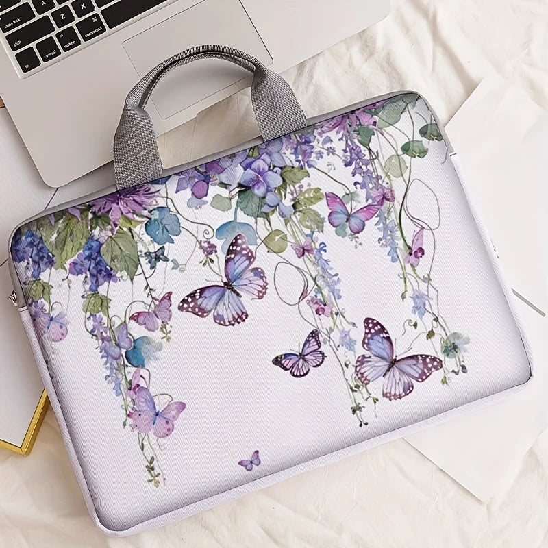 No-EN-Name-Null Modern Rectangle Floral Purple Butterfly Design Polyester Lining Carry Handle Internal Padding Single 14 Inch Laptop Compartment Zippered Bag Briefcases/ Suitable for 14 inch Laptops/With Handle/Without Handle