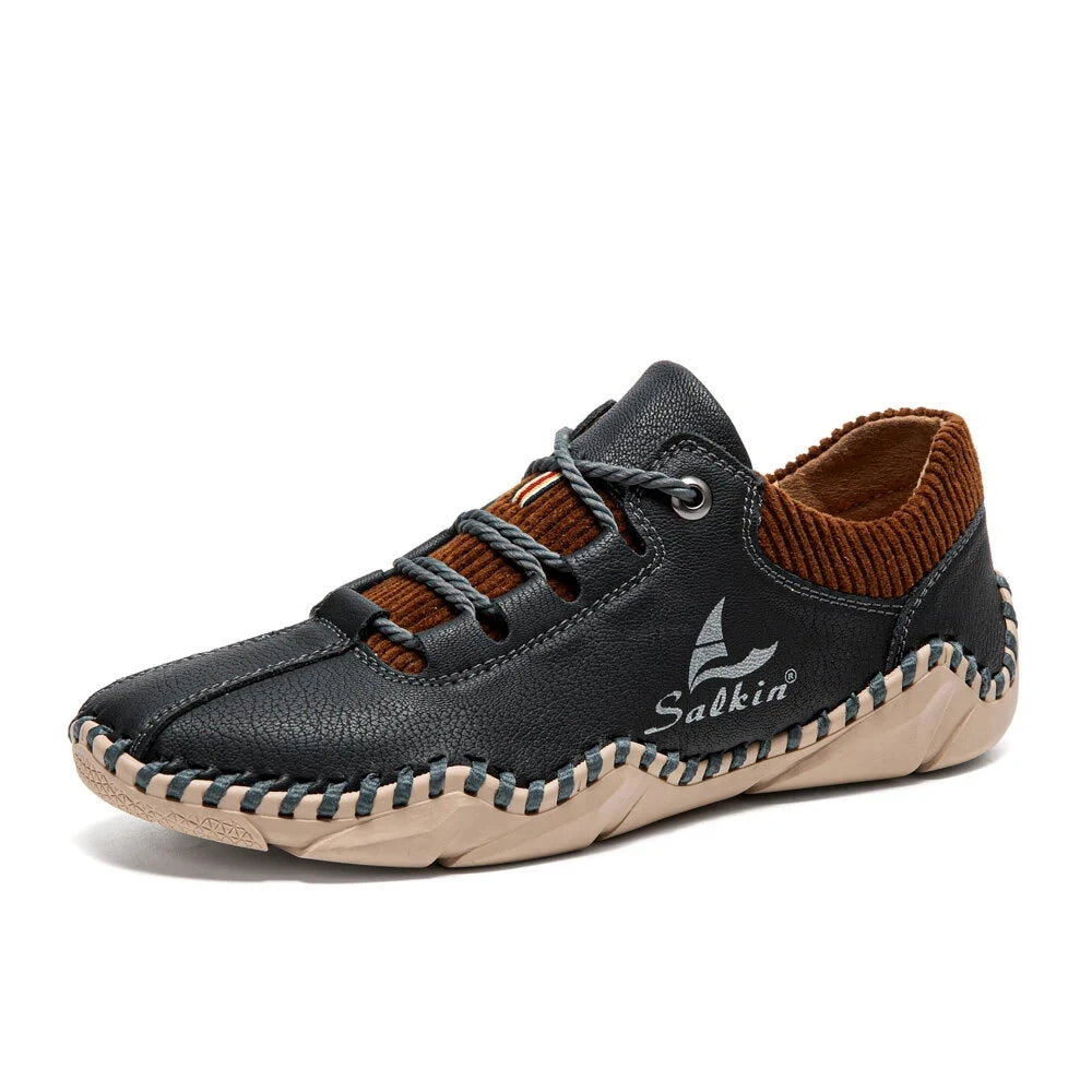 ABFUBER Men Spring-Autumn Brown Handmade Round Toe Lace-Up Breathable Split Leather Moccasins Massage Rubber Outsole Cushioned Flat Loafers /Colors-Brown/Green/Black