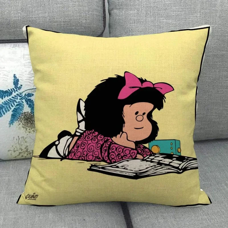 No-EN-Name-Null Customized Multicolor Square Machine Washable Soft Linen-Cotton Fabric Printed Mafalda Pillowcases/ Sizes: 45X45(One Sided)/Colors-Red/Purple/Beige/White/Pink/Blue/Black/Floral/Multicolor