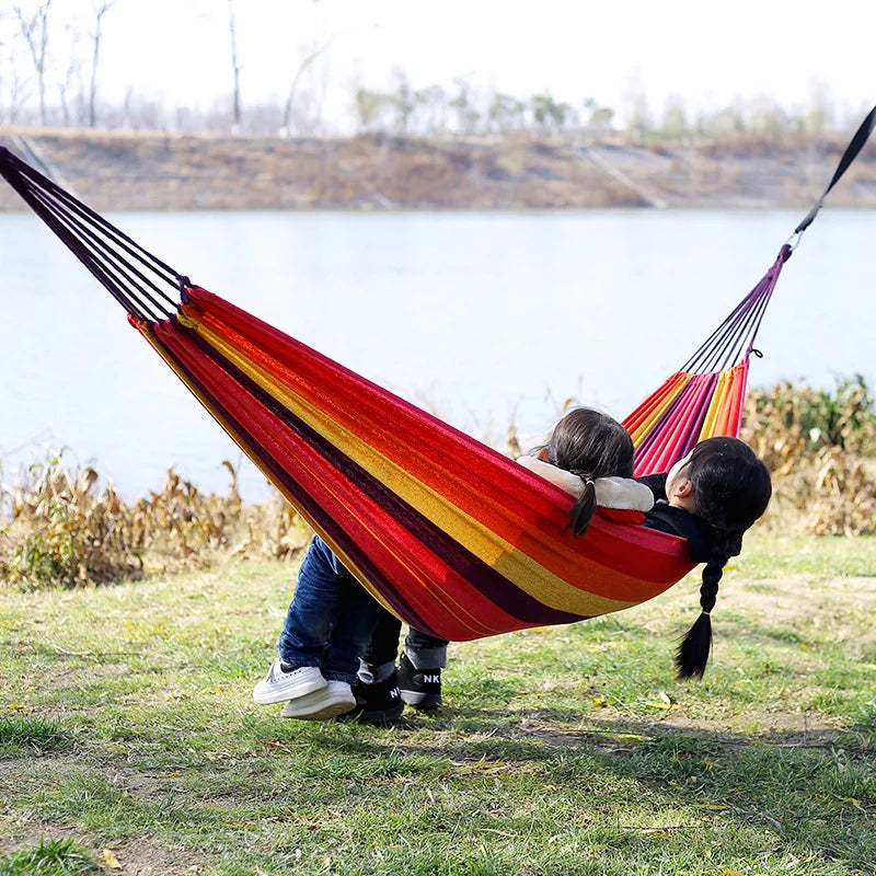 No-EN-Name-Null Outdoor-Indoor Canvas Fabric One Person Thicken Striped Hammocks /Colors-Coffee/Blue/Red/Load Bearing 200 Weight 650