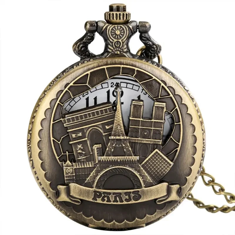 WECIN Adults Quartz Analog Display Glass Face Arabic Numeral Hollow-Out Bronze Round Shaped Metal Alloy Case Paris-Eiffel Tower-Notre Dame-LE LOUVRE Design Chain-Pocket Watches