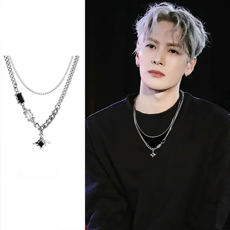GUOLE Adults Fine Imitation Hip-Hop-Rock Style Silver Stainless Steel Metal Trim Four Pointed Star Black-Clear Crystal Mood Tracker Double-Layer Charm Pendant Chain Necklaces