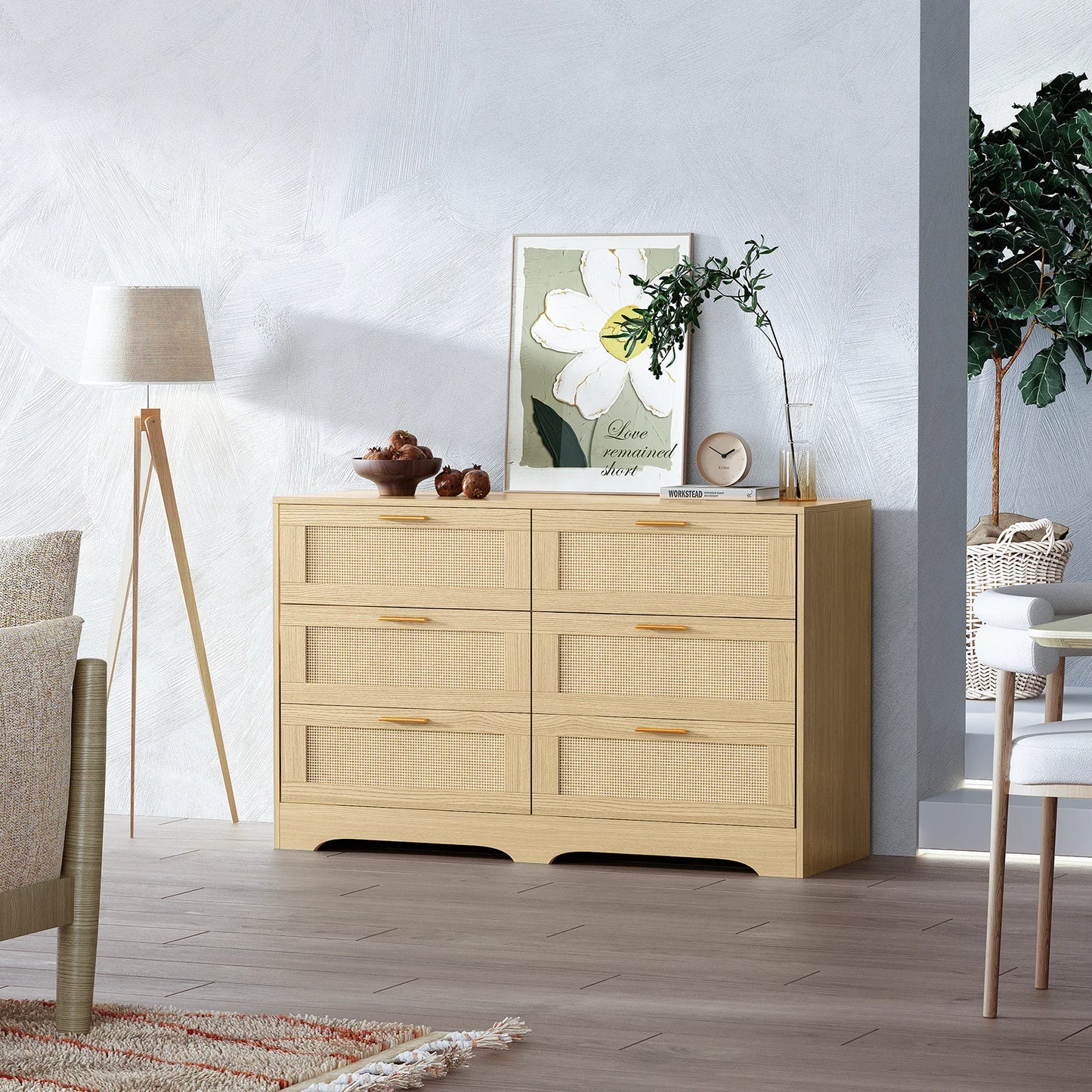 No-EN-Name-Null  Modern Countryside Brown Rectangle Waterproof Scratch-Resistant Six Drawers Decorative Gold Handles Integrated Table Legs Rattan Wicker MDF Wood Dressers/Colors-Red/Beige/Brown/White/Size: 39.37X15.75X30.37inch