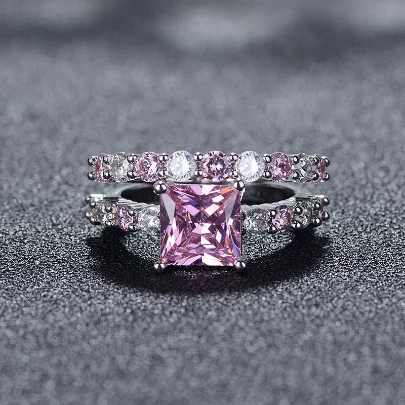 MOONSO 2 PCS Adult Women Fine Imitation Silver Copper Metal Large Princess-Cut Pink Cubic Zirconia Central Stone-Smaller White-Pink Stones Around It Bridal Wedding Round Solitaire Band Rings