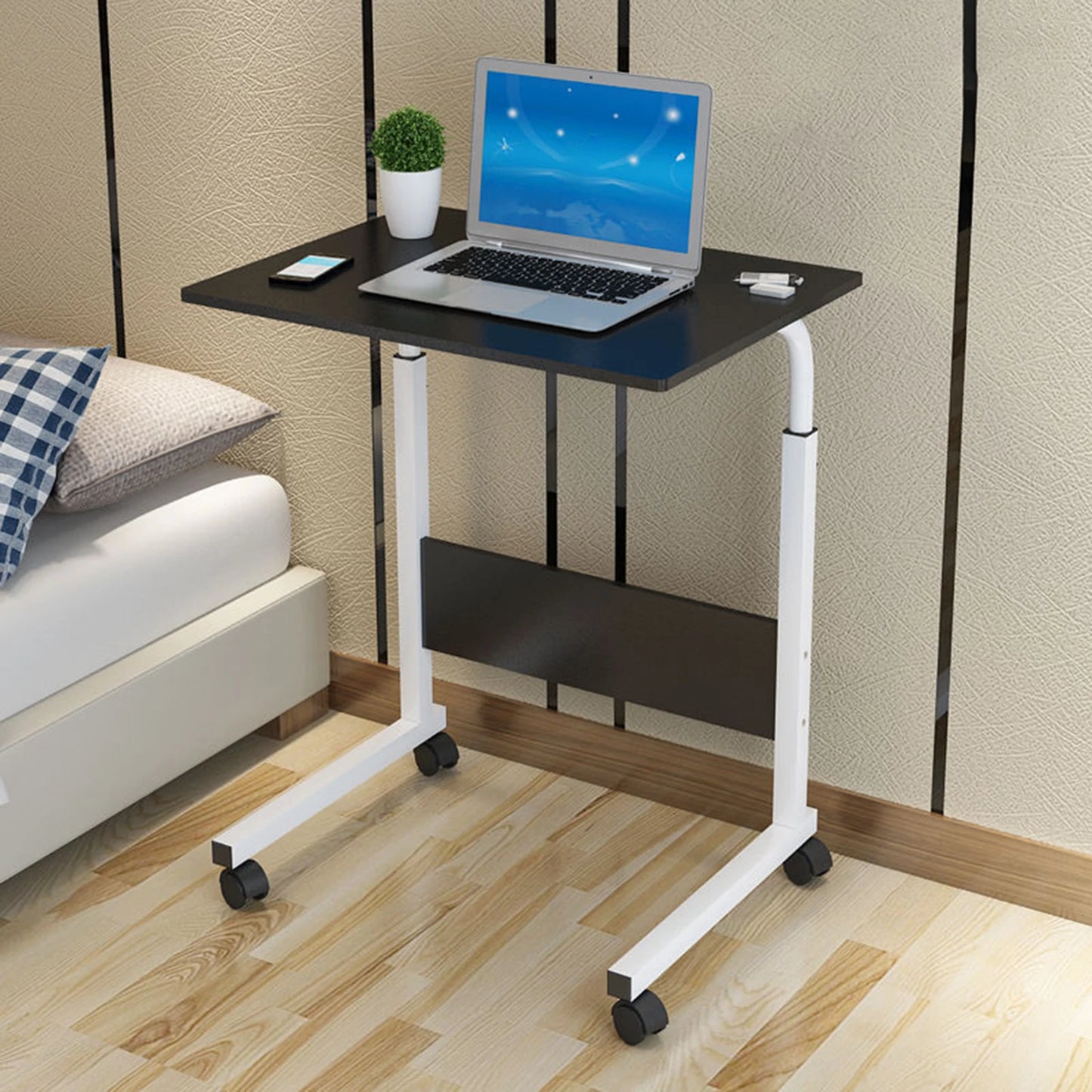 KESOTO Small Mobile Portable Brown-Black-Beige Rectangle Wood Top Steel Framed Adjustable Height-Shelves Computer Desks/4 Universal Wheels/4 Casters Brakes/Colors-Brown/Black/Beige/Storage Options/Assembly Required