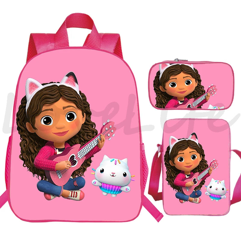 JUNBIE Kids Waterproof Pink Nylon Fabric Cute Cartoon Gabby's Dollhouse Design Zippers Curve Back Shoulder Straps-Handle Built-In Laptop Compartment External Pockets Backpacks/Colors-Pink/Multicolor